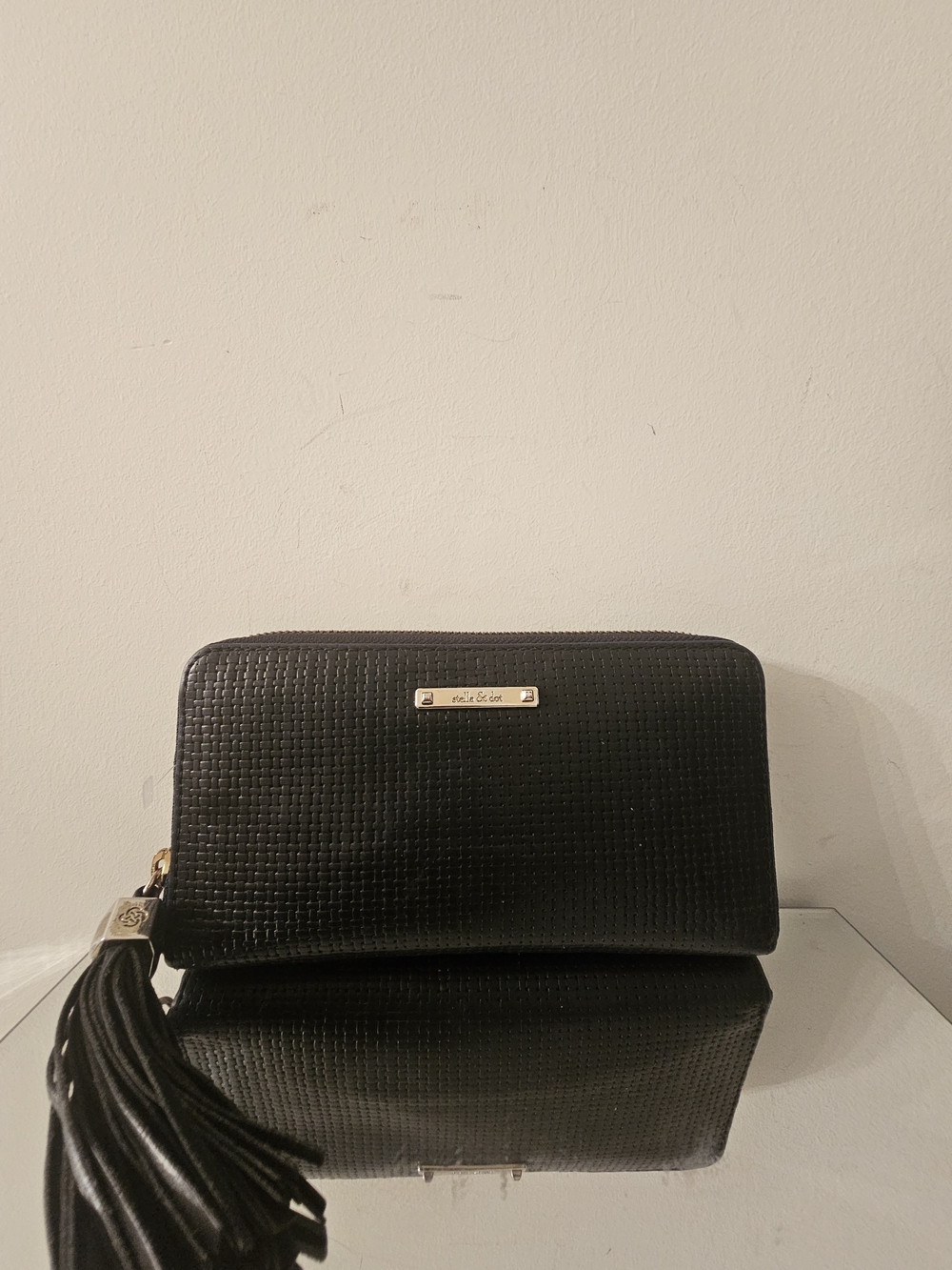 Stella & Dot Black Woven Zip Wallet with Tassel